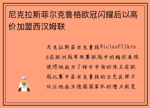 尼克拉斯菲尔克鲁格欧冠闪耀后以高价加盟西汉姆联